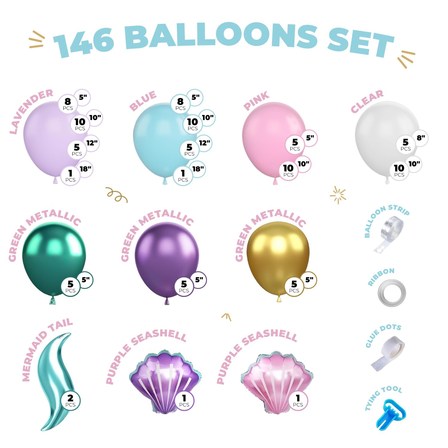 Mermaid Balloon Garland Arch Kit - Under the Sea Party Decorations with Pastel Pink, Blue, Purple, Gold Balloons, Shell & Tail Foil Balloons, Ocean