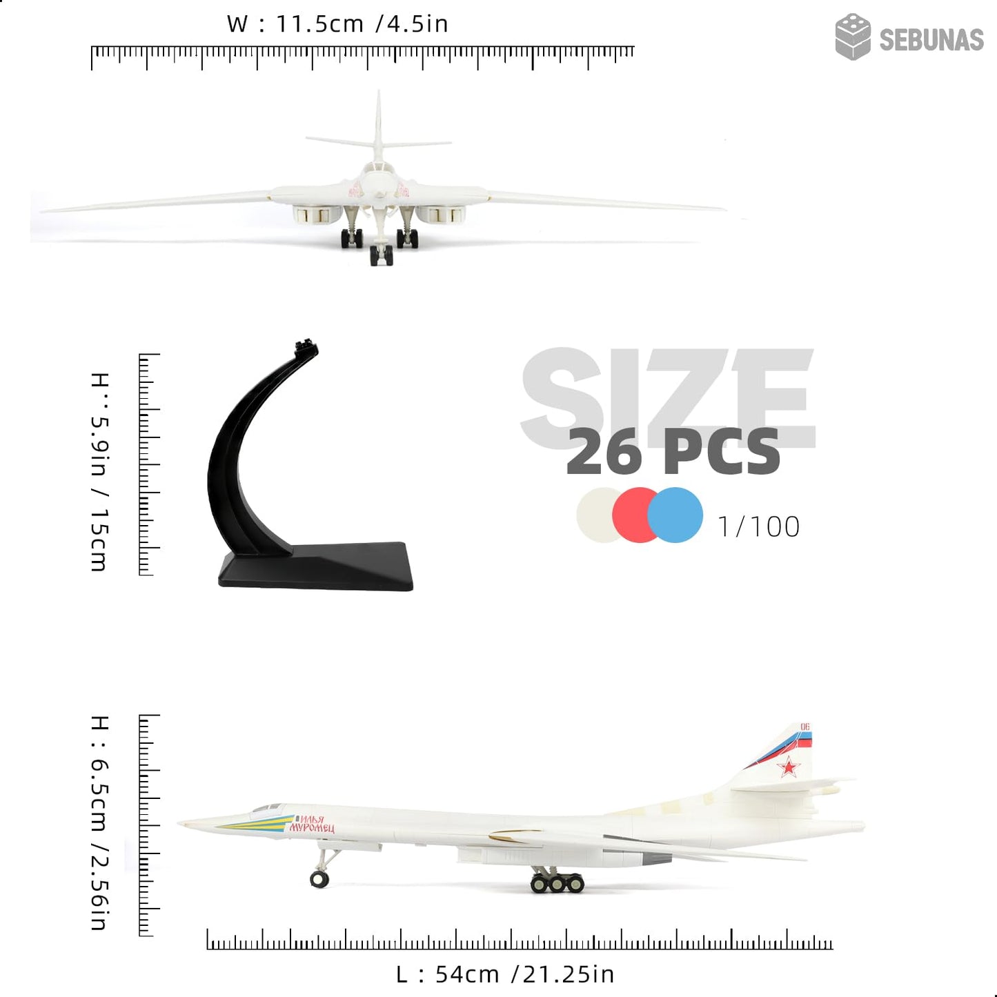 SEBUNAS 1:100 Scale TU-160 Boomber Quick Assembly Model Kit, Plastic TU-160 Fun Toy Airplane Assembly Model with Stand Kids Gift Suitable