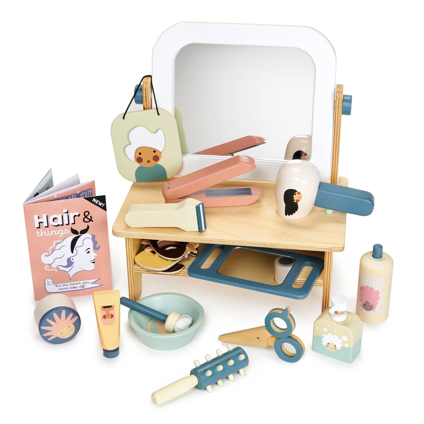 Tender Leaf Toys - Hair Salon - 21 Piece Pretend Play Wooden Hair Cutting Kit, Hairdresser Kit, Hair Styling Set with Tilting Mirror - Encourages