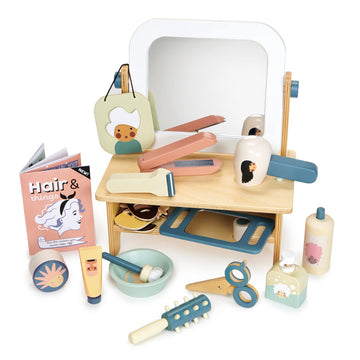 Tender Leaf Toys - Hair Salon - 21 Piece Pretend Play Wooden Hair Cutting Kit, Hairdresser Kit, Hair Styling Set with Tilting Mirror - Encourages