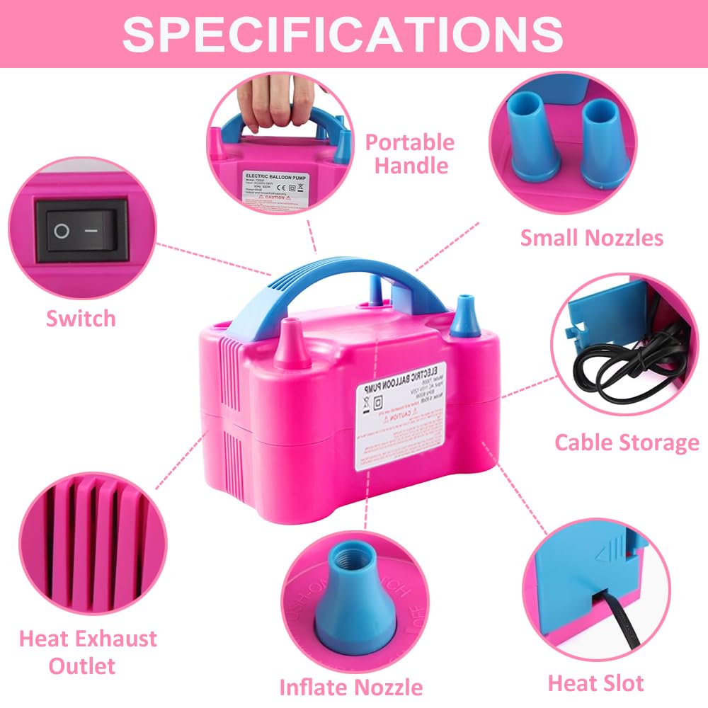 Balloon Pump Electric, 110V-120V Portable Dual Nozzle Balloon Blower with Tying Tools, Clips, Strips, Glues, Ribbons for Birthday Party Wedding