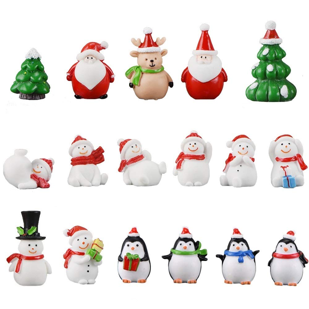17Pcs Christmas Miniature Figurines Resin Ornament Mini Figurines to Hide Santa Claus Snowman Penguin Reindeer Xmas Tree for Garden Table Snow Globe