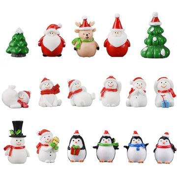 17Pcs Christmas Miniature Figurines Resin Ornament Mini Figurines to Hide Santa Claus Snowman Penguin Reindeer Xmas Tree for Garden Table Snow Globe