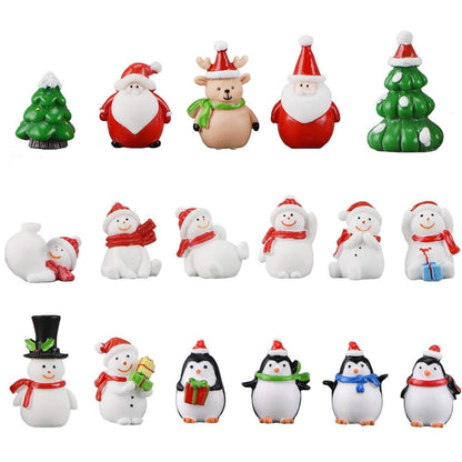 17Pcs Christmas Miniature Figurines Resin Ornament Mini Figurines to Hide Santa Claus Snowman Penguin Reindeer Xmas Tree for Garden Table Snow Globe