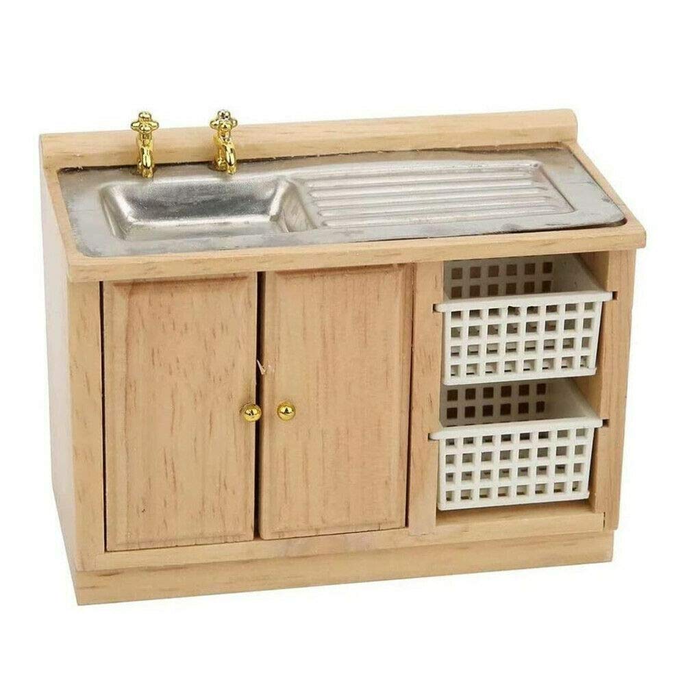 EatingBiting 1:12 Dollhouse Miniature Furniture Bathroom Kitchen Sink with Cabinet Basin Set Dolls House Light Oak Sink Unit w Towel Rail Miniature
