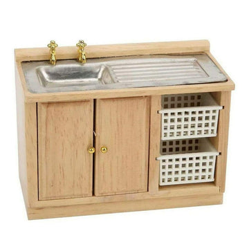 EatingBiting 1:12 Dollhouse Miniature Furniture Bathroom Kitchen Sink with Cabinet Basin Set Dolls House Light Oak Sink Unit w Towel Rail Miniature
