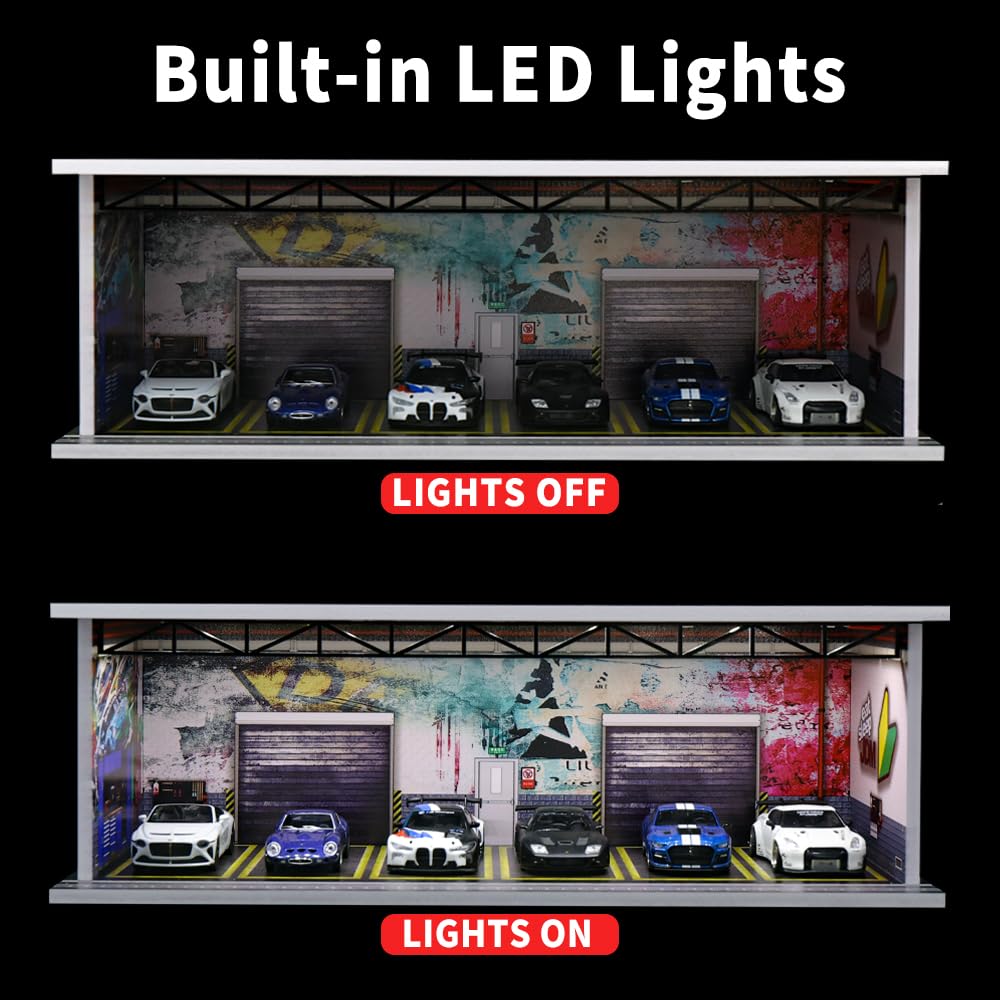 G-FANS 1/64 Scale Hot die-cast Wheels Model car scenarios Display case with LED Light and Acrylic Cover, Scenes Parking lot Diorama Storage Garage Box