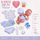 8 piece Layette Baby Doll Gift Set | JC Toys - La Newborn Nursery | 14" Life-Like Smiling Doll w/ Accessories | Blue | Ages 2+