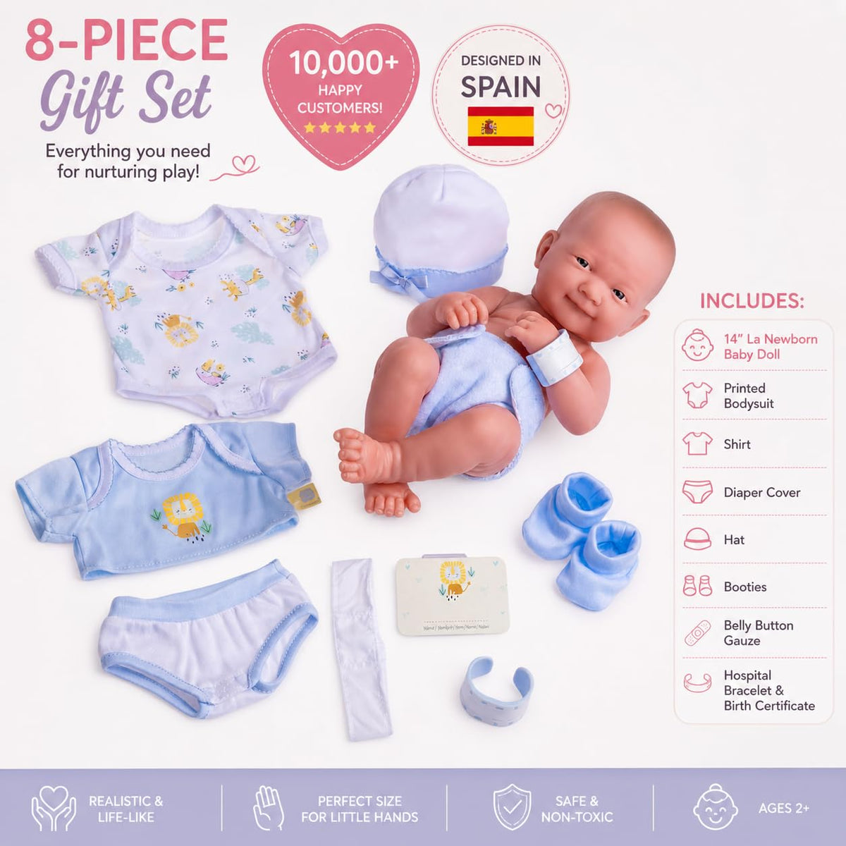 8 piece Layette Baby Doll Gift Set | JC Toys - La Newborn Nursery | 14" Life-Like Smiling Doll w/ Accessories | Blue | Ages 2+