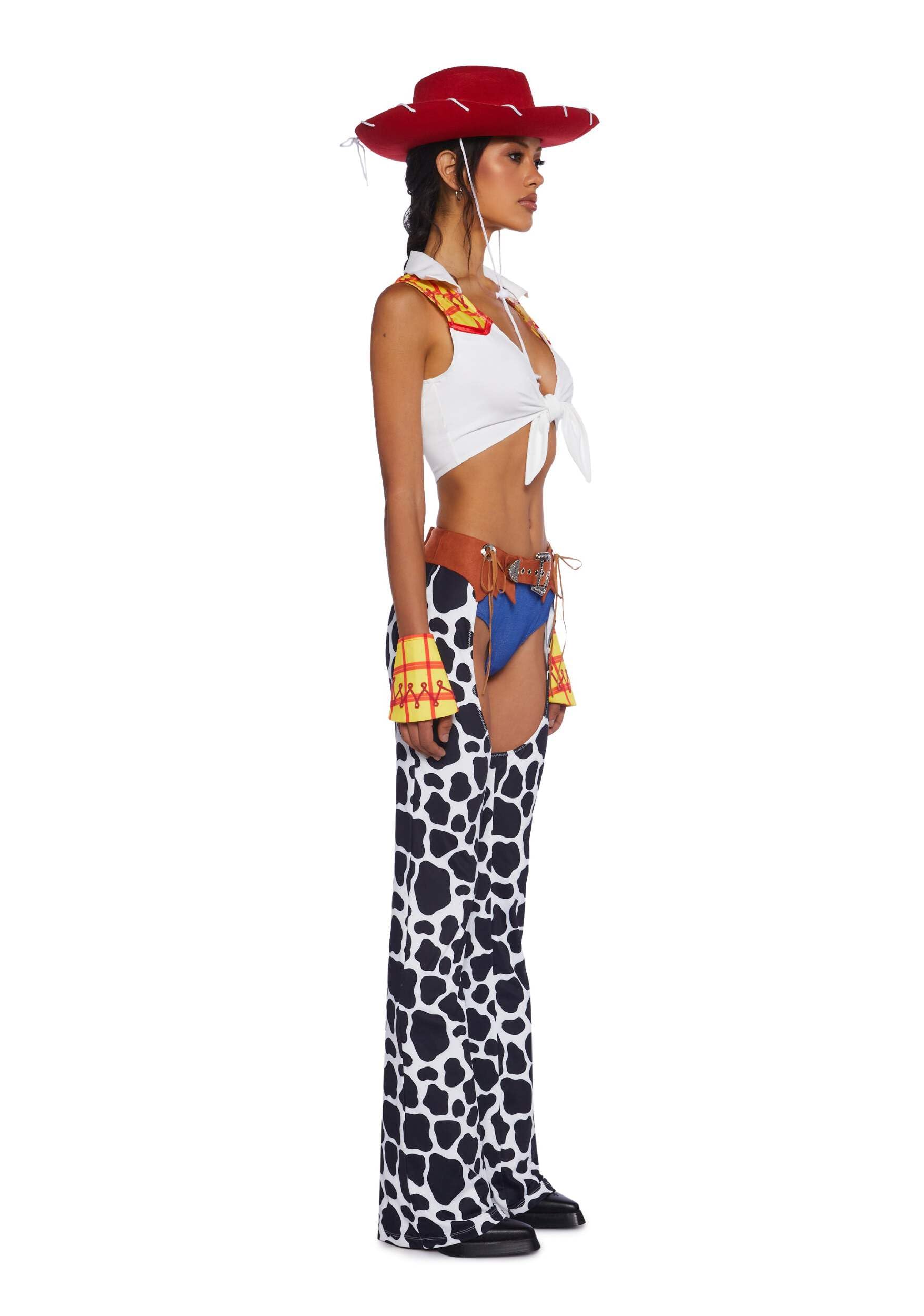 Dolls Kill Round ‘Em Up Cowgirl Doll Costume Set by Trickz N’ Treatz - Women’s Plaid Top with Cow Print Chaps, Hat & Belt, Multi, X-Small