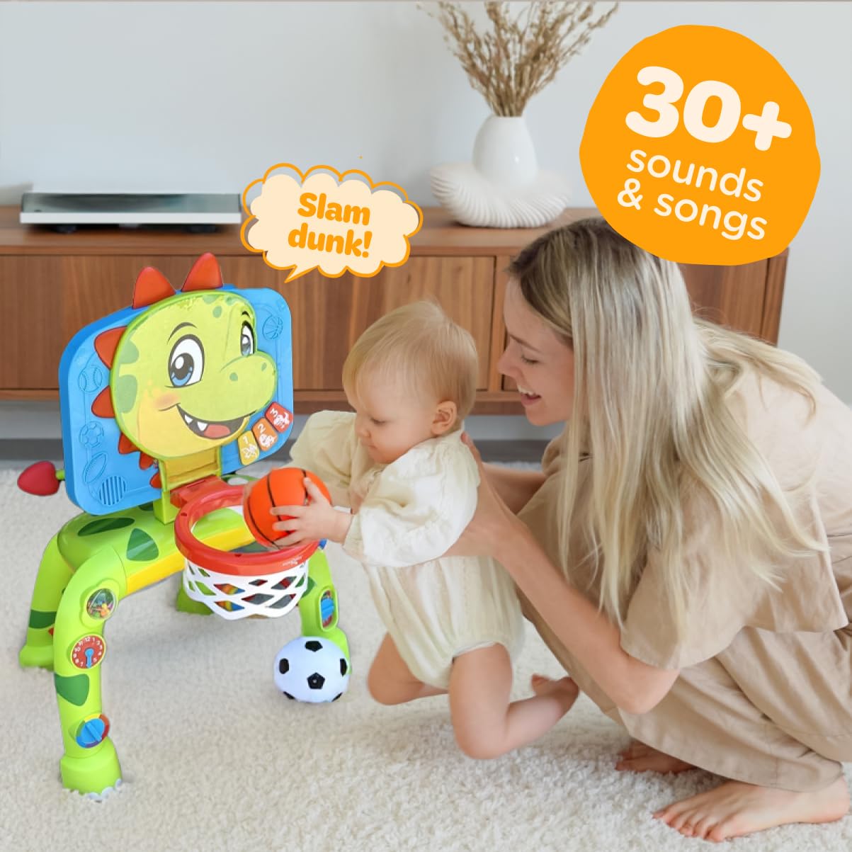 Move2Play, Dinosaur Basketball Hoop & Soccer Goal Activity Center | 30+ Sounds & Songs + 5 Lights | 1 2 3 Year Old for Boys and Girls | Toy & Gift