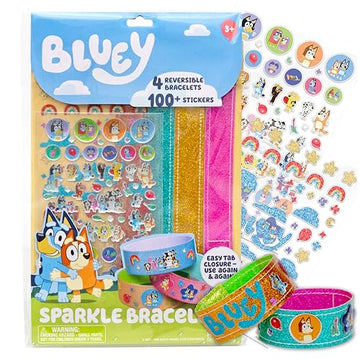 Bluey Sparkle Bracelet Making Kit, 4 Reversible Bracelets with Easy Closure, 100+ Traditional and Puffy Resin Stickers, DIY Bluey Jewelry, Arts