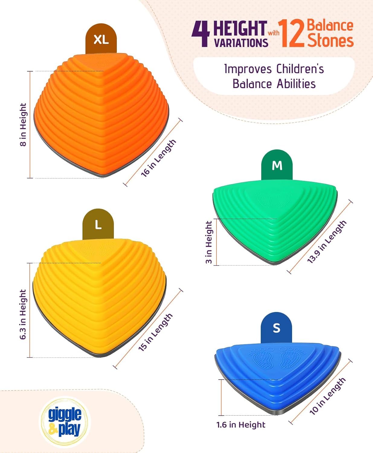 Giggle & Play Stepping Stones For Kids, Set Of 12 Montessori Indoor & Outdoor Sports Balance Stepping Stones, Promotes Coordination, Balance Strength
