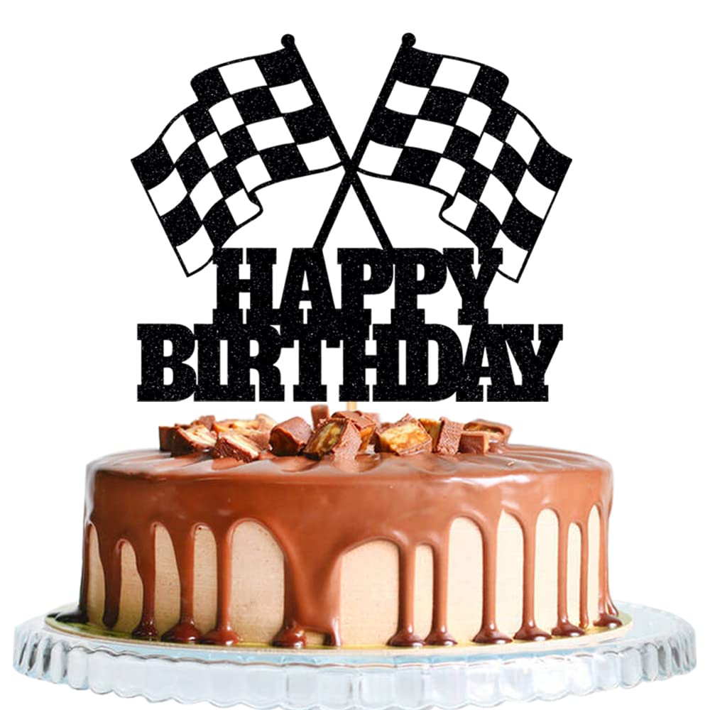 Race Car Cake Topper - Checkered Flag, Glitter, Happy Birthday Theme Cake Decor