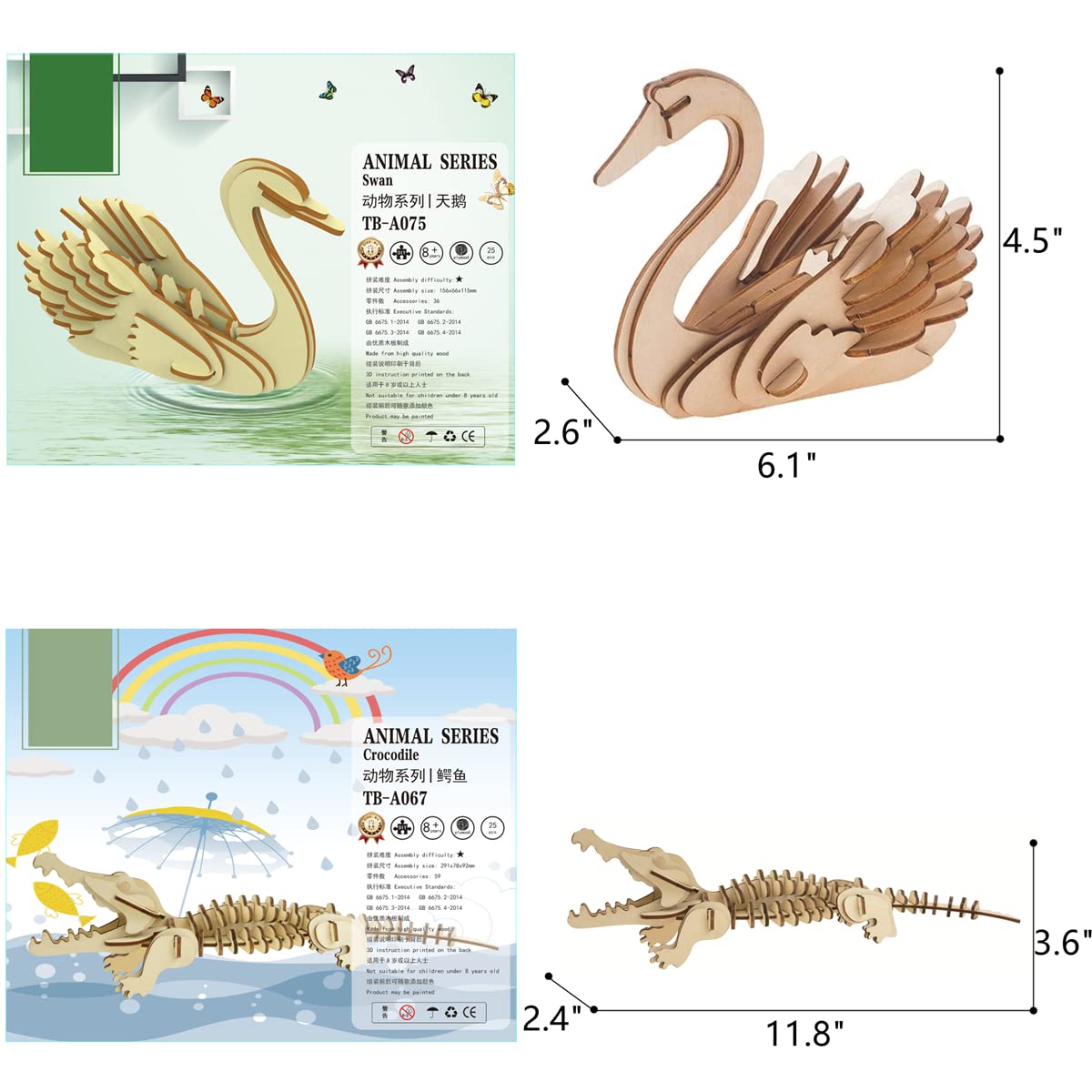 3D Wooden Wild Animal Puzzle - 6 Piece Set Wood Wild Animals Skeleton Assembly Model Kits - Wooden Crafts DIY Brain Teaser Puzzle - STEM 3D Puzzle