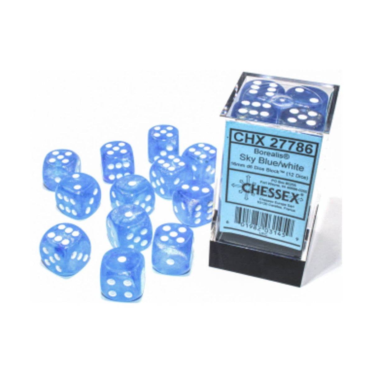 Chessex Borealis 16mm d6 Sky Blue/White Luminary Dice Block (12 dice) (27786)