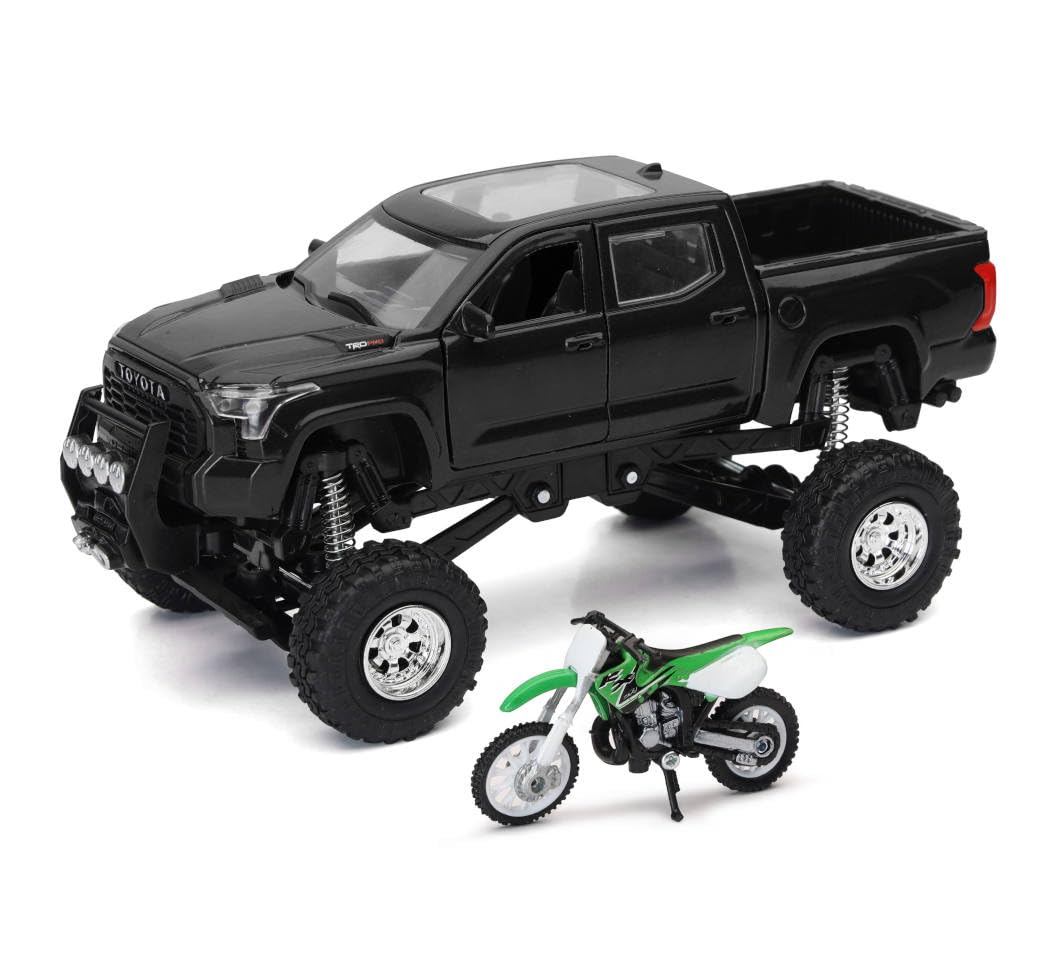 NewRay 1:32 Scale Toyota Tundra Off-Road Pickup Truck with Kawasaki Dirt Bike, Diecast Model Set, Black