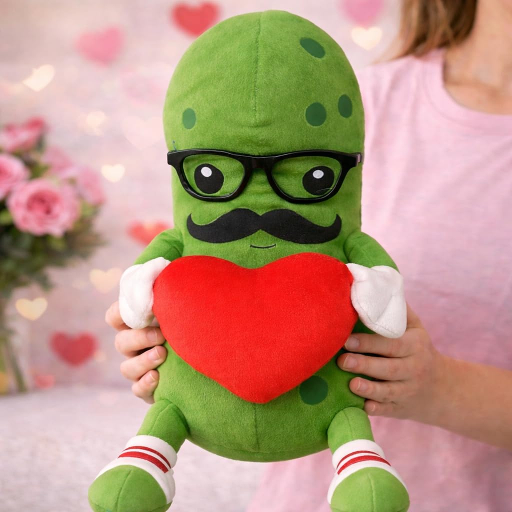 Mr. Pickle with Love Heart Valentines Day Plush Toy - 12 Inch Funny Stuffed Pickle Doll, Cute Hugging Plush Gift for Kids, Couples, Pickle Lovers