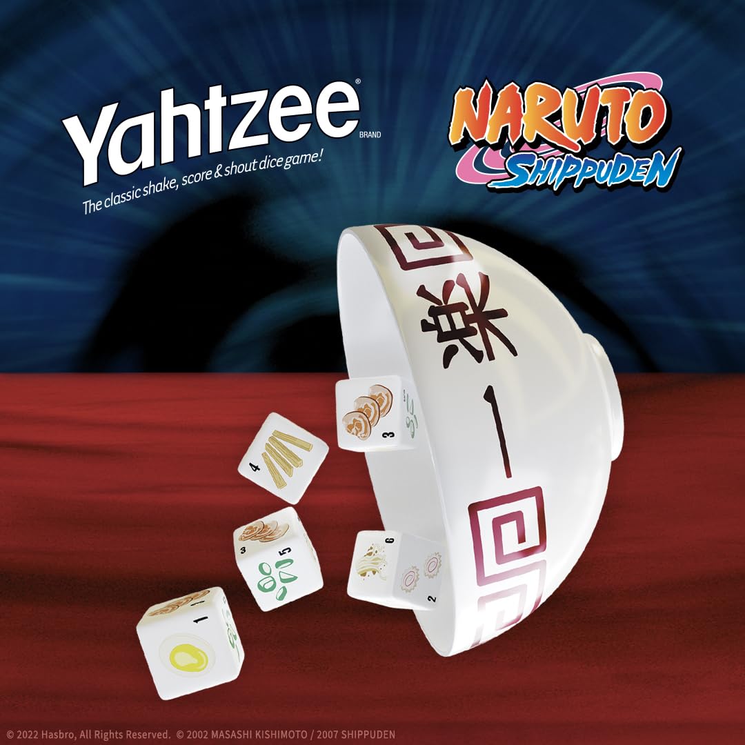 USAOPOLY YAHTZEE: Naruto Shippuden | Collectible Ramen Bowl Dice Cup | Classic Family Dice Game Based on Anime Show | Great for Family Game Night |