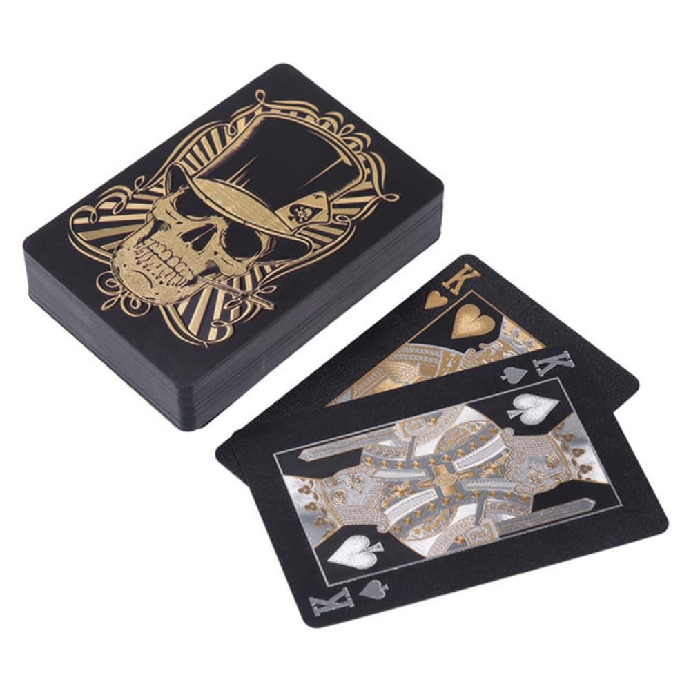Ivymei 2 Pack Black Silver Skull Playing Cards Waterproof Poker Cards Plastic Gold Foil Poker,PVC High Flexible (Black)