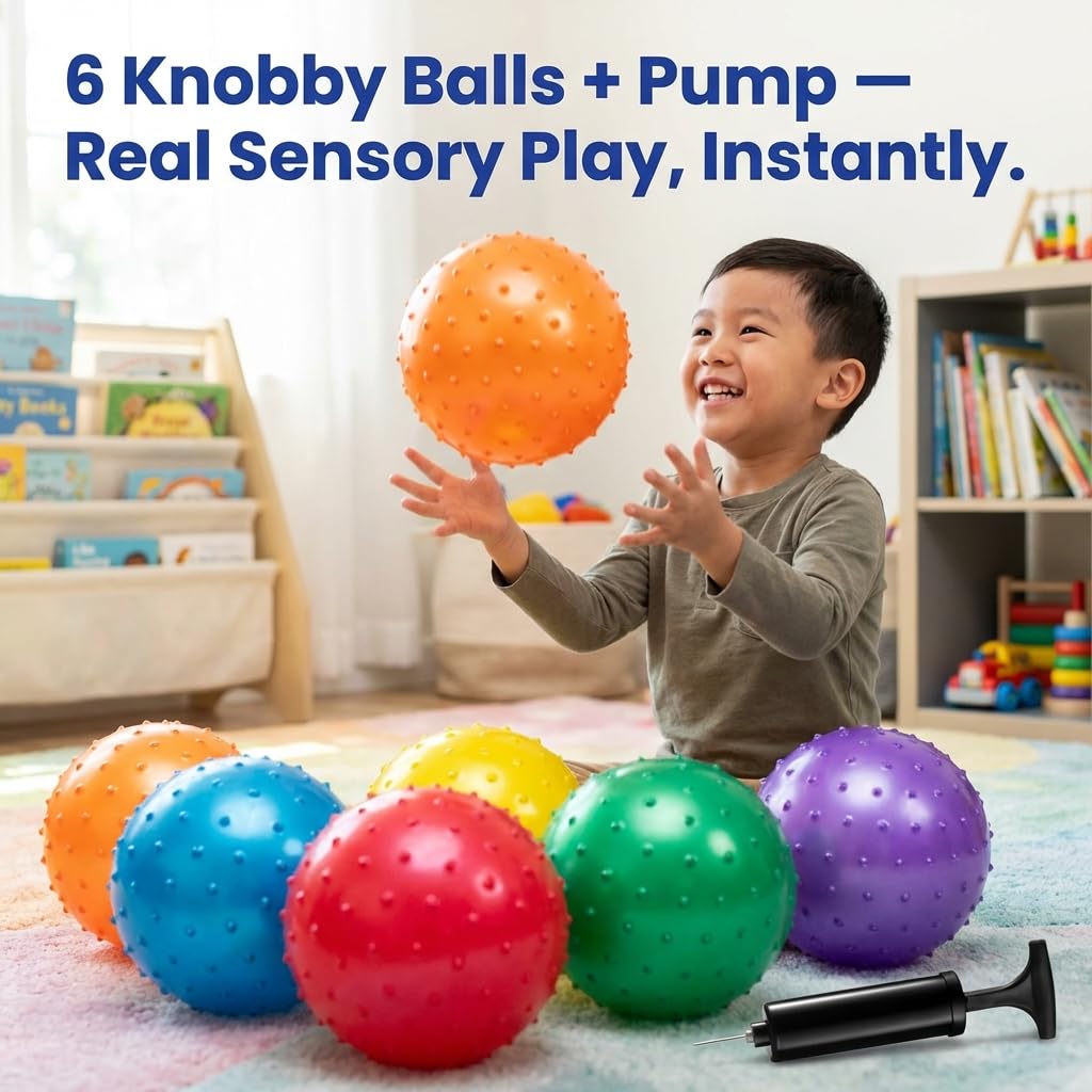 Bedwina 7 Inch Knobby Sensory Balls (6-Pack) Spiky Massage Stress Balls