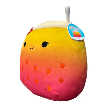 Squishmallows Official Kellytoy - 16 Inch Boba Tea Soft and Squishy Plush Toy Figure - Pink, Yellow, White Closed Mouth Smile, Pink Flower. Add Bergit