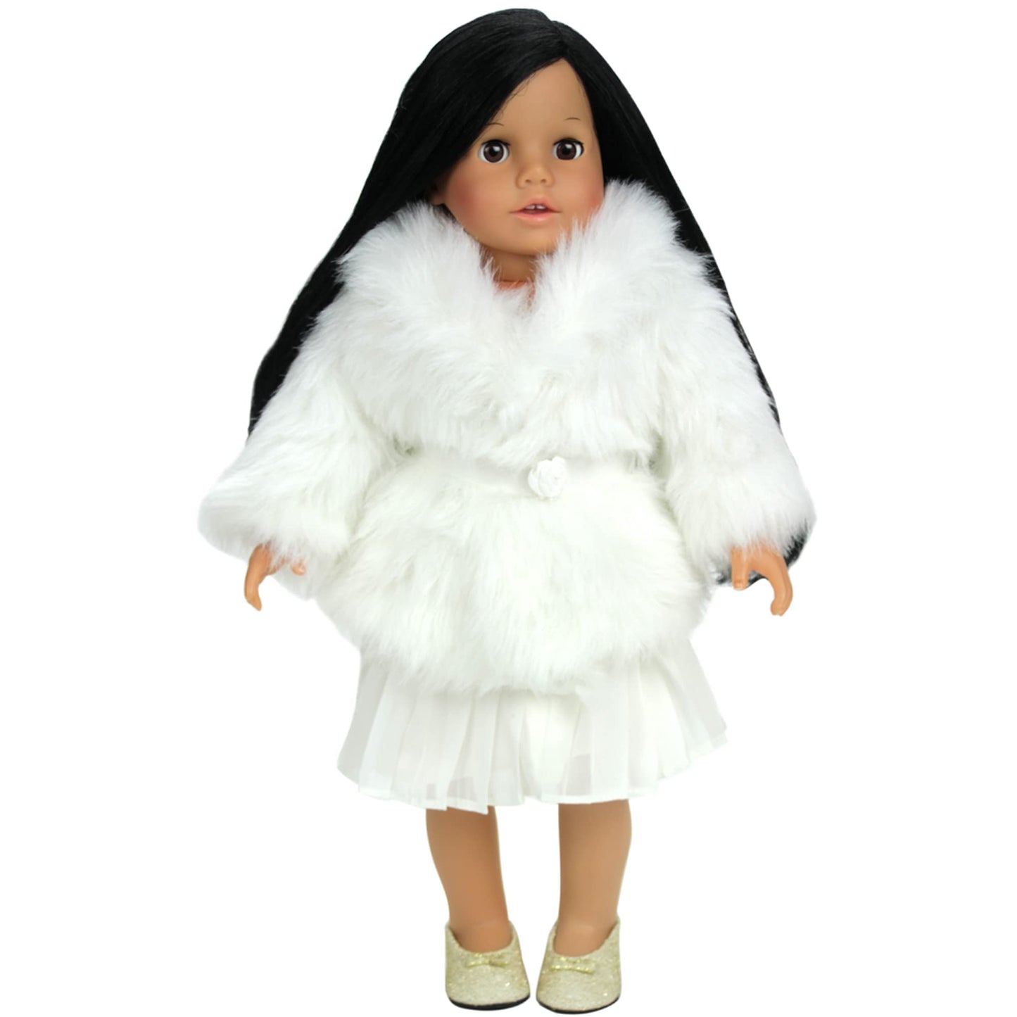 Sophia's 18" Doll Ivory Faux Fur Winter Dress Coat with Large Collar and Rose Bud Sash Closure