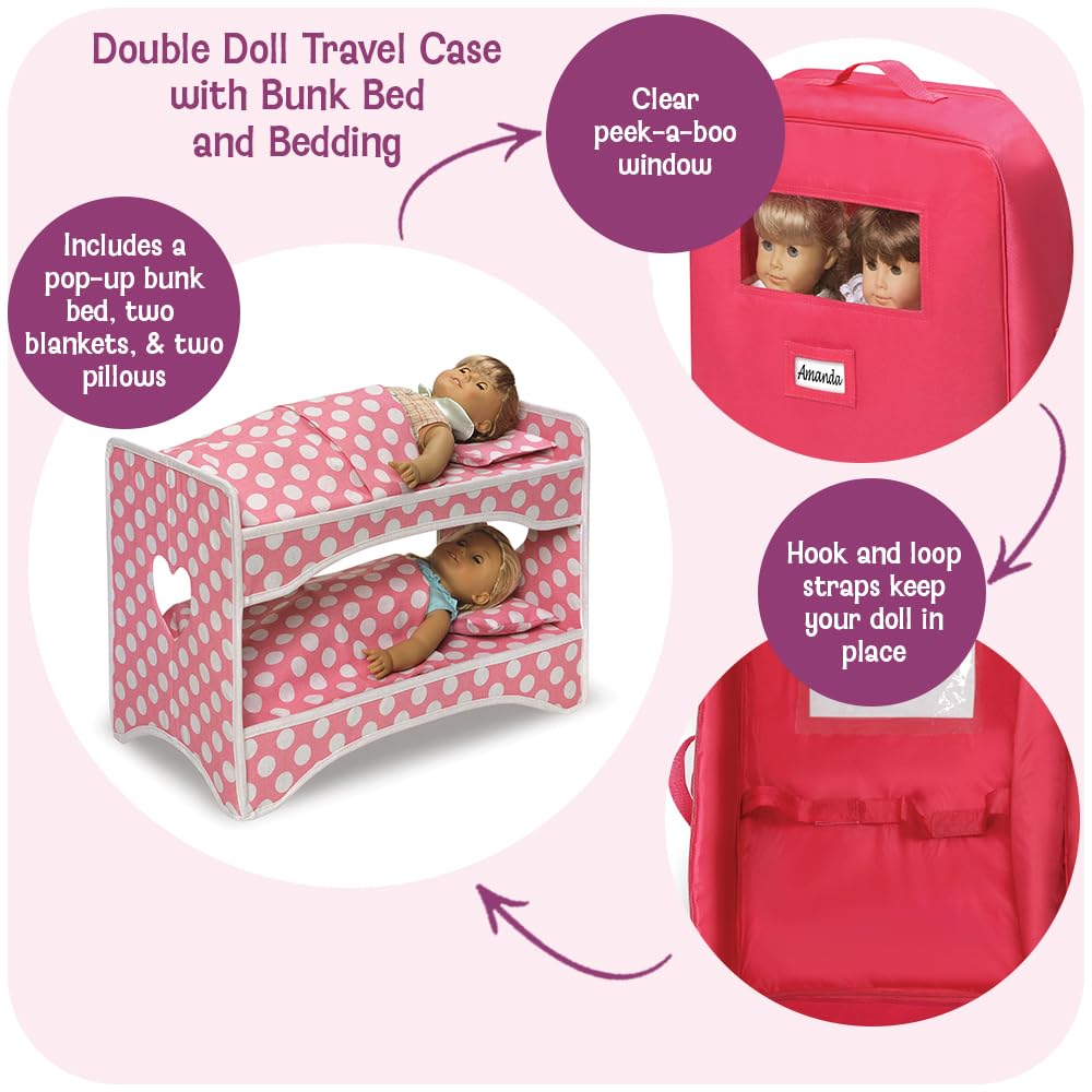 Badger Basket Double Doll Travel Case - Fits 18 Inch Dolls - Includes 2 Doll Beds, Blankets, Storage Compartments, Carry Handle - Lightweight Portable