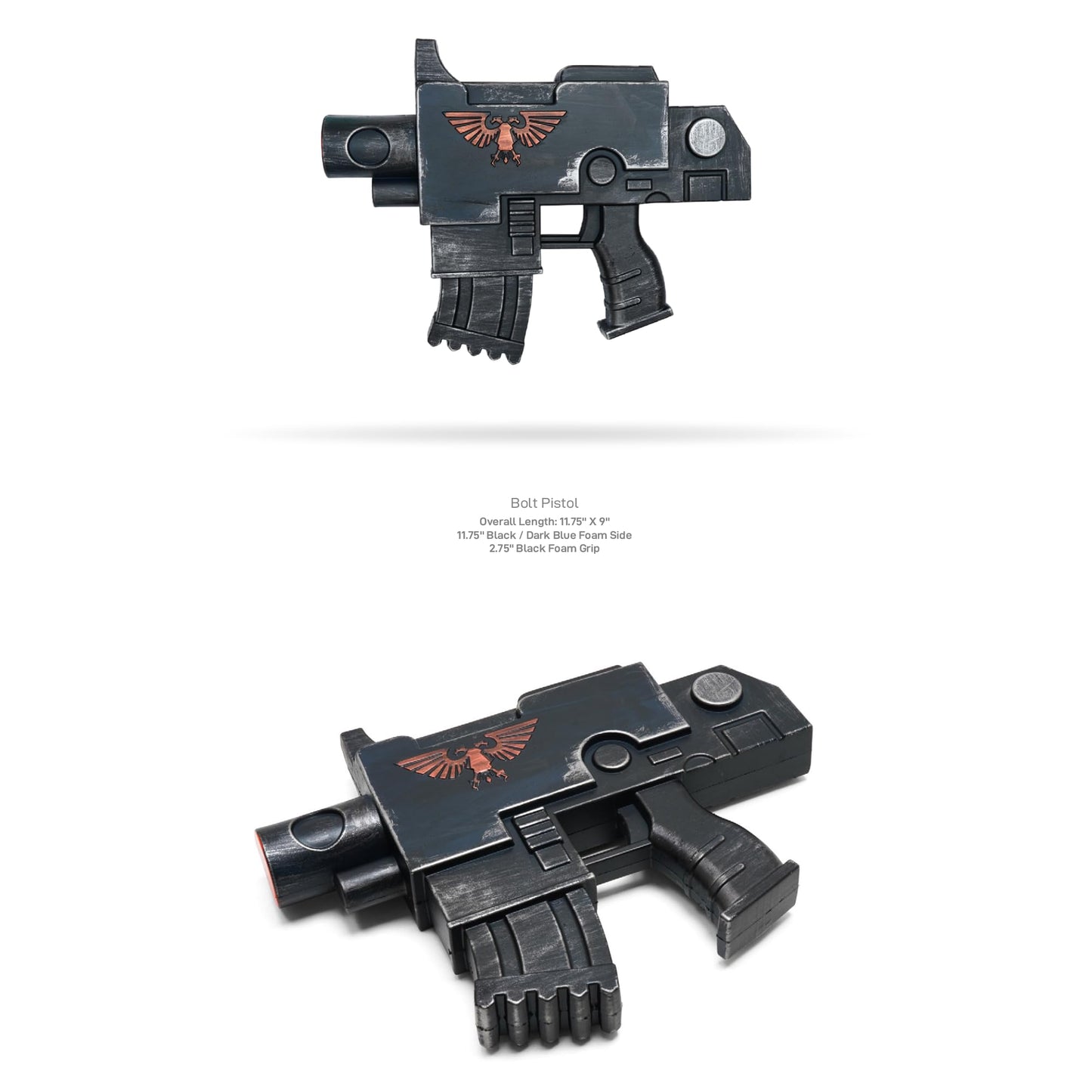 Sci-Fi Inspired Foam Blaster Prop, 11.75” Futuristic Display & Costume Accessory with Copper Emblem, Black/Dark Blue Finish