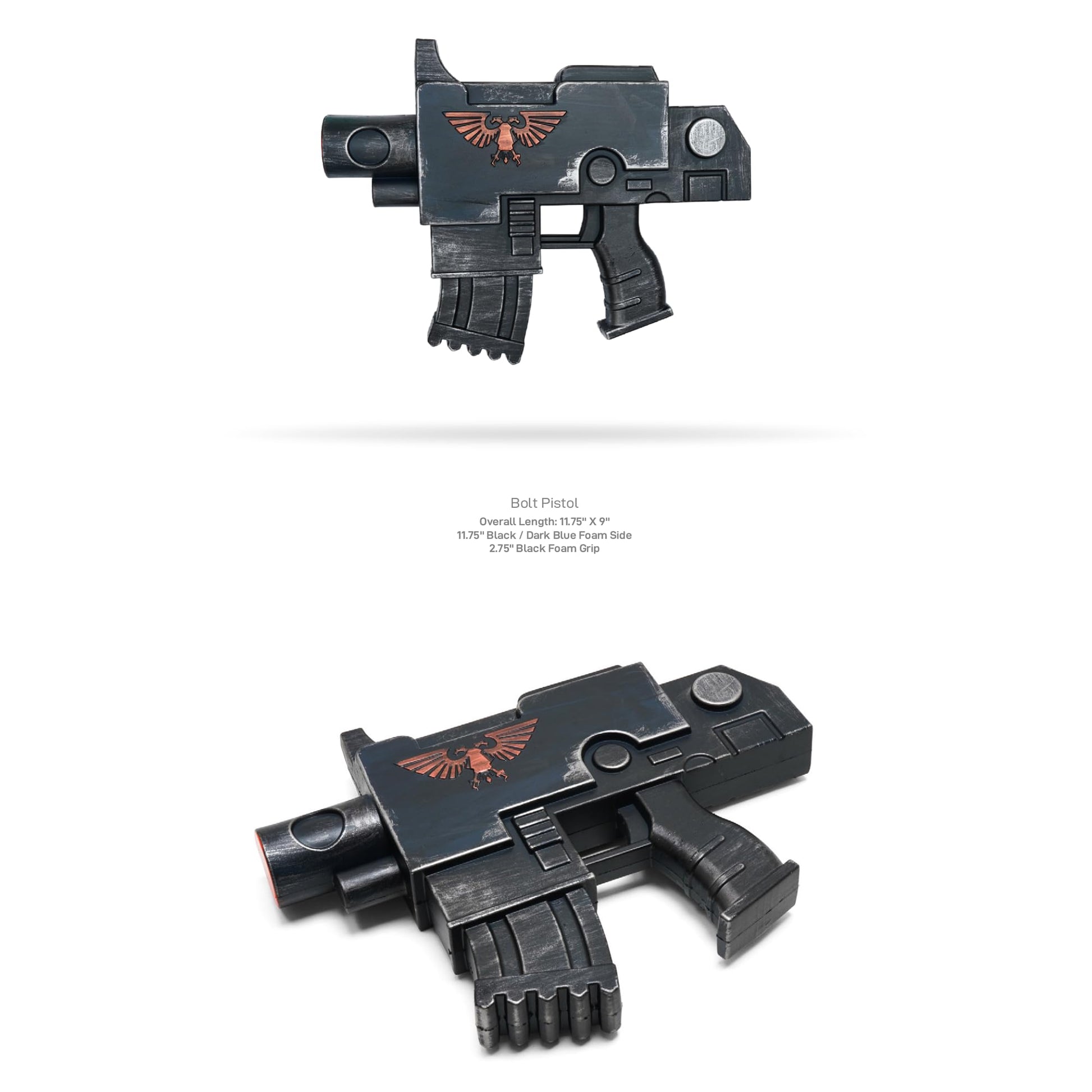 Sci-Fi Inspired Foam Blaster Prop, 11.75” Futuristic Display & Costume Accessory with Copper Emblem, Black/Dark Blue Finish
