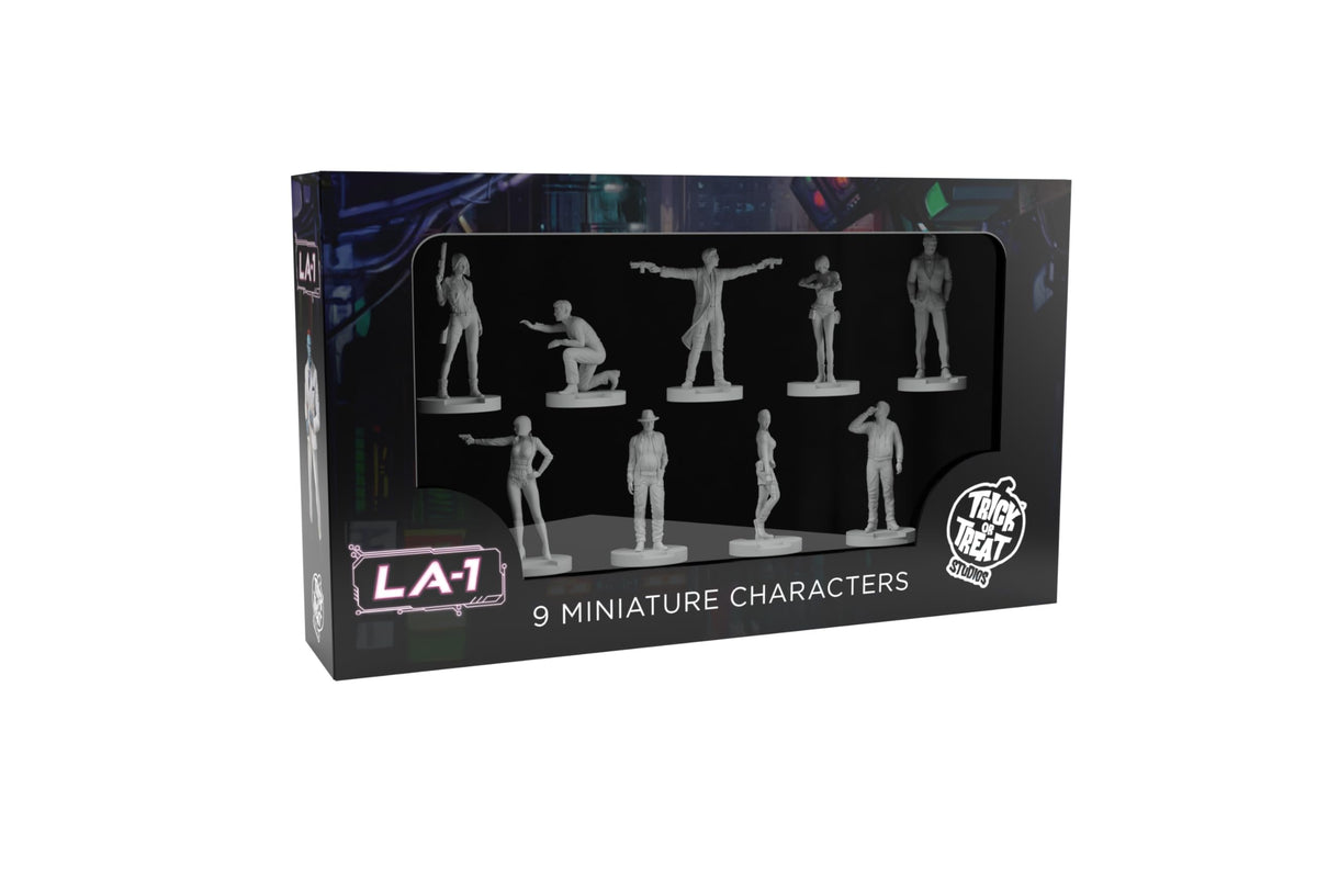 LA-1 Miniatures Expansion by Trick Or Treat | Ages 14+ | 9 Cyber-Noir Investigator Figures | 45mm Plastic Board Game Miniatures to Replace Standees or
