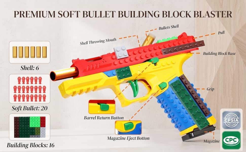 CBLITTLE Automatic Shell Ejecting Toy Gun-Tactical DIY Building Block Handle Set-Multiplayer Strategy Collaboration Toy for Outdoor Team