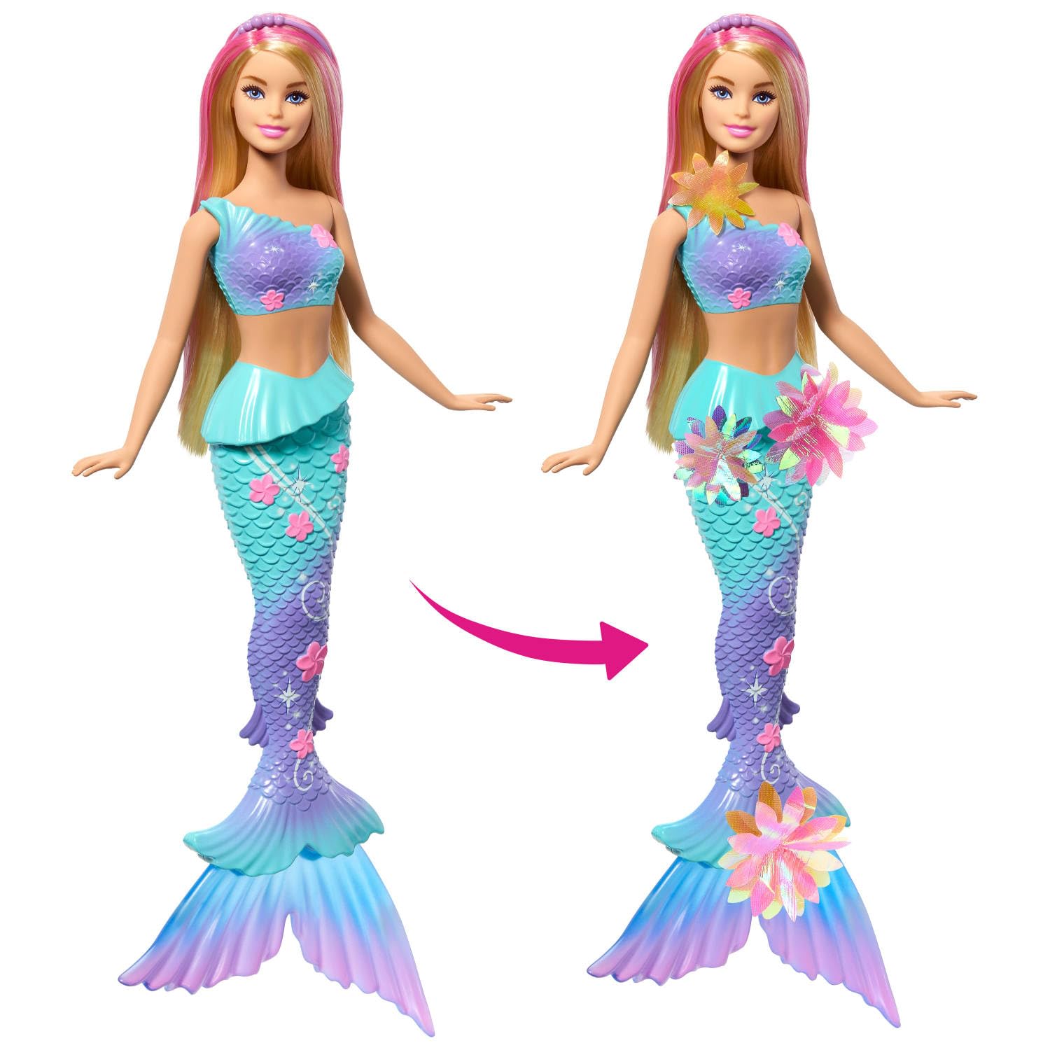 Barbie Mermaid Toy Dolls with Surprise Magic Blooming Flowers Feature, Ombre Tails, Pearl Headband Accessory & Long Blonde Hair with Pink Highlights