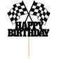 Race Car Cake Topper - Checkered Flag, Glitter, Happy Birthday Theme Cake Decor