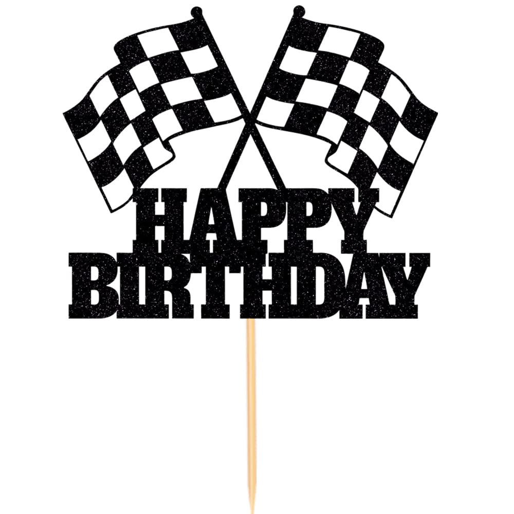 Race Car Cake Topper - Checkered Flag, Glitter, Happy Birthday Theme Cake Decor