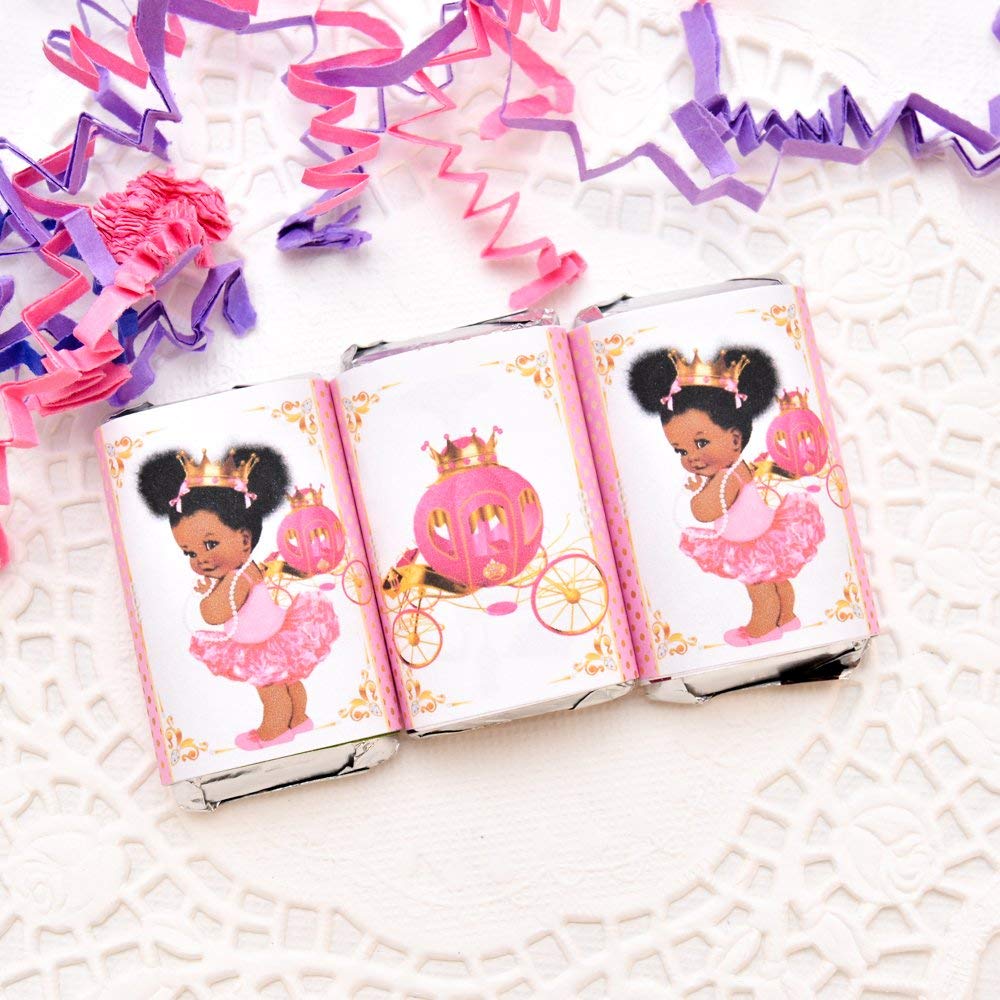Princess Party Favor Labels, African American Princess with Gold Crown Candy Wrappers, Set of 54