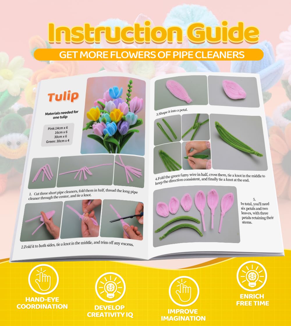 Eppingwin 360 PCS Pipe Cleaners for Flowers, Macaroon Chenille Stems for Crafts, Pipe Cleaners Bulk with Instruction for Tulip, Rose, Lily, Sunflower