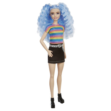 Barbie Fashionistas Doll with Long Blue Crimped Hair, Star Face Makeup, Multi-Color Striped Tee, Denim Skirt, Black Boots & Silvery Chain Belt, Toy