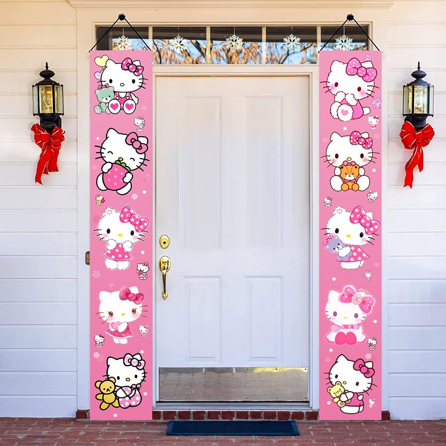 2Pcs Hello Cats Birthday Porch Sign Door Hanging Banner Birthday Party Supplies for Wall Decorations