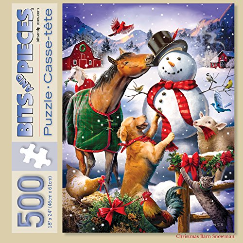 Bits and Pieces - 500 Piece Jigsaw Puzzle for Adults - Christmas Barn Snowman - Animal Winter Scene Jigsaw Puzzle by Artist Larry Jones, Completed