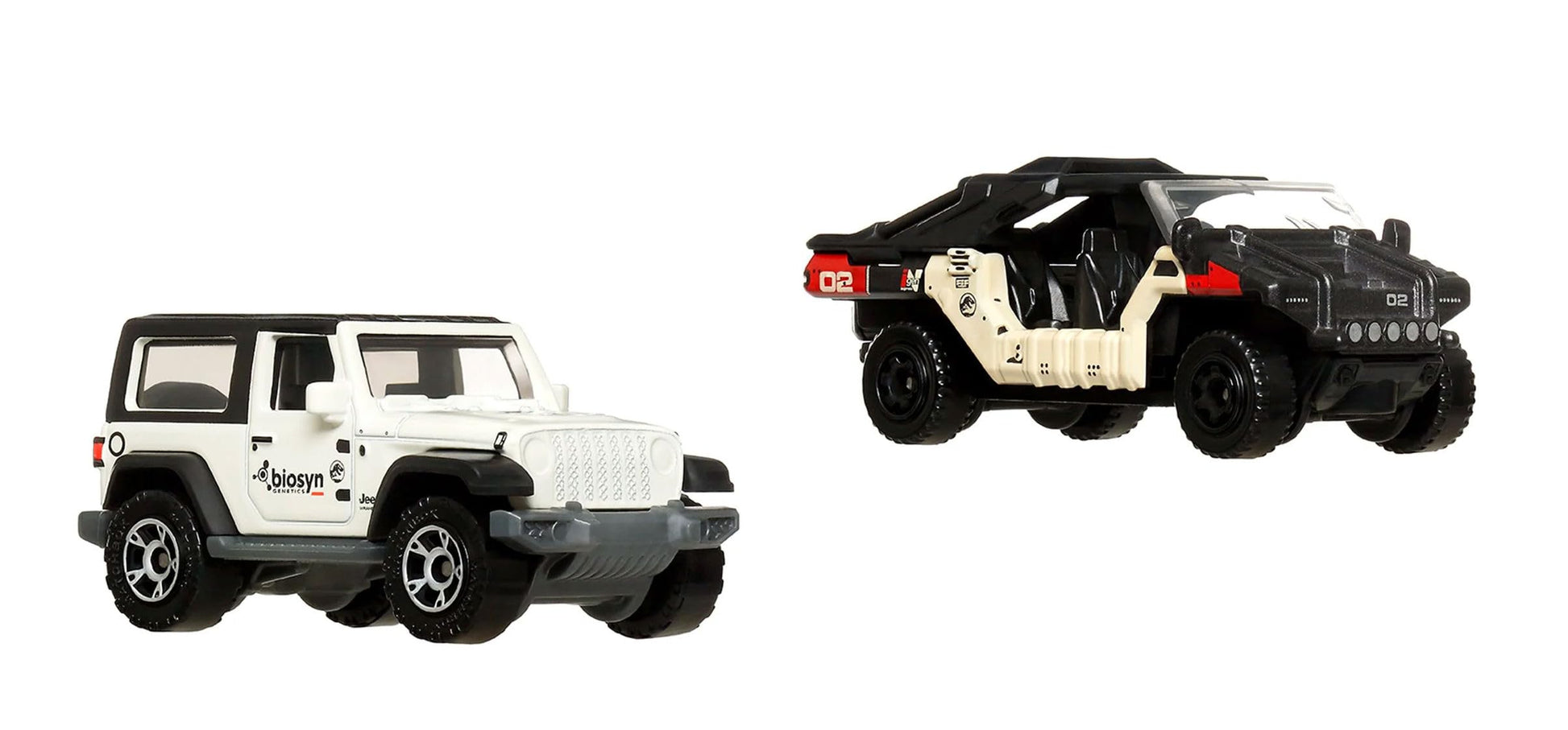 Jurassic World Rebirth Matchbox Die-Cast Vehicles, White '18 Jeep Wrangler and Off-Road Ingen Vehicle, 2-Pack, Ages 3+ JGL59-956A