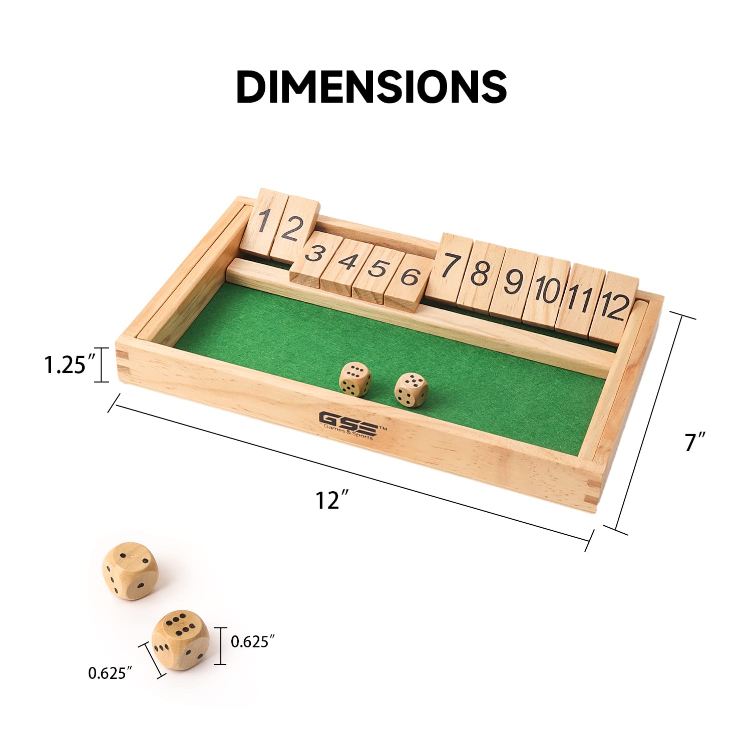 GSE Games & Sports Expert Wooden Shut The Box 12 Number Spots Dice Game Board with 2 Wooden Dice, Classic Tabletop Game Version of The Popular English