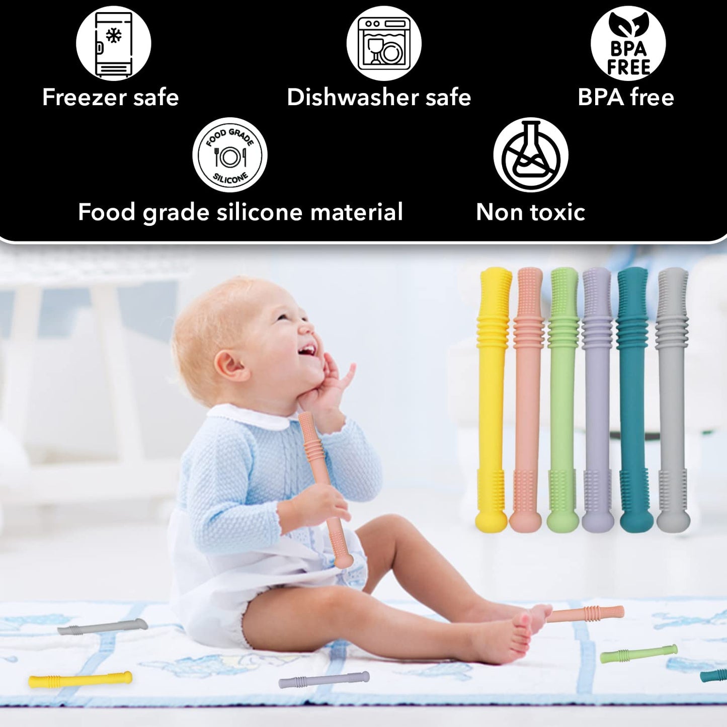 Gadgetime USA Hollow Stick Teether (Pack of 6) - Chew Straw Toy for Toddlers - Infant Silicone Tube - BPA Free, Freezer Safe, Dishwasher Safe, Easy