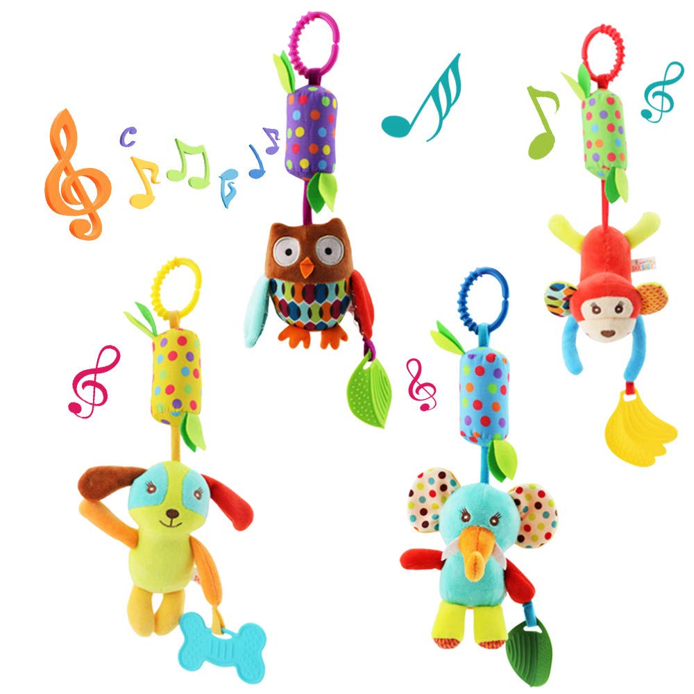 Joyshare 4 PCS Baby Soft Hanging Rattle Crinkle Squeaky Toy - Baby Toys for 0 3 6 9 to 1 Animal Ring Plush Stroller Infant Car Bed Crib Travel