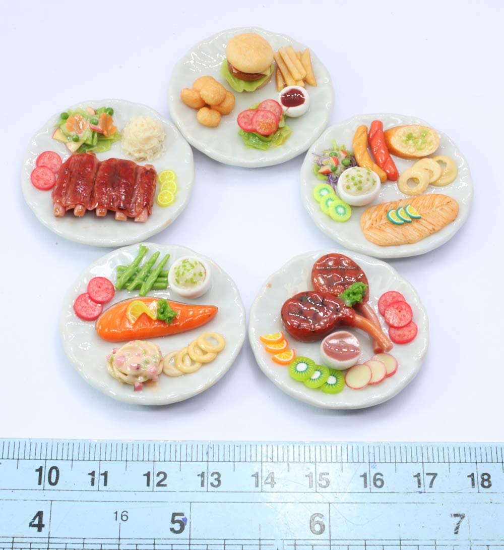 ThaiHonest Mixed 5 Assorted Dollhouse Miniature Lamb Salmon and Burger Set,Tiny Food
