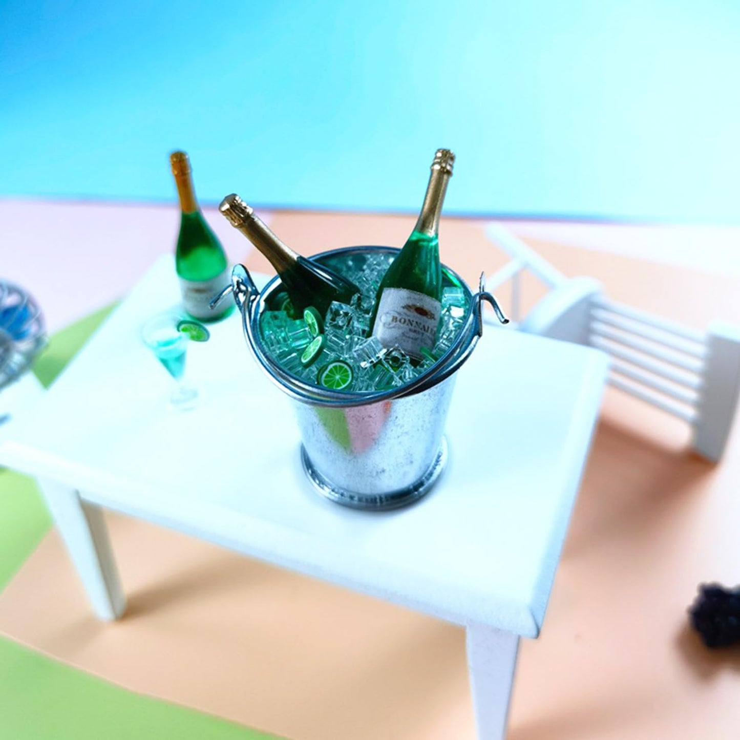 Dollhouse Miniature Champagne and Ice Bucket Set, Miniature Champagne Bottle, Miniature Bottle of Champagnes in a Silver Ice Bucket, for Dollhouse