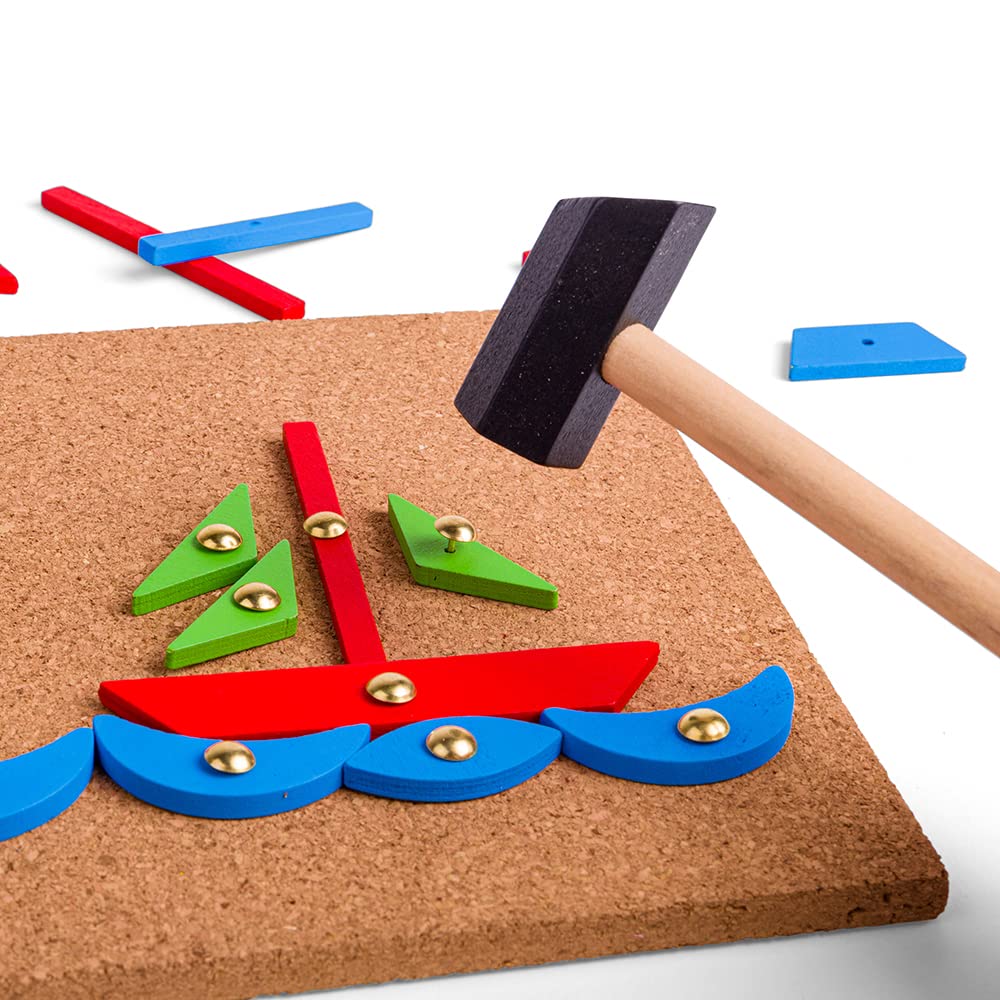 Bigjigs Toys Pin-a-Shape Set | Tap Art Kit with Pin Board & Wooden Shapes | Kids Peg Toy with Mini Hammer | Toddler Montessori Game | Educational