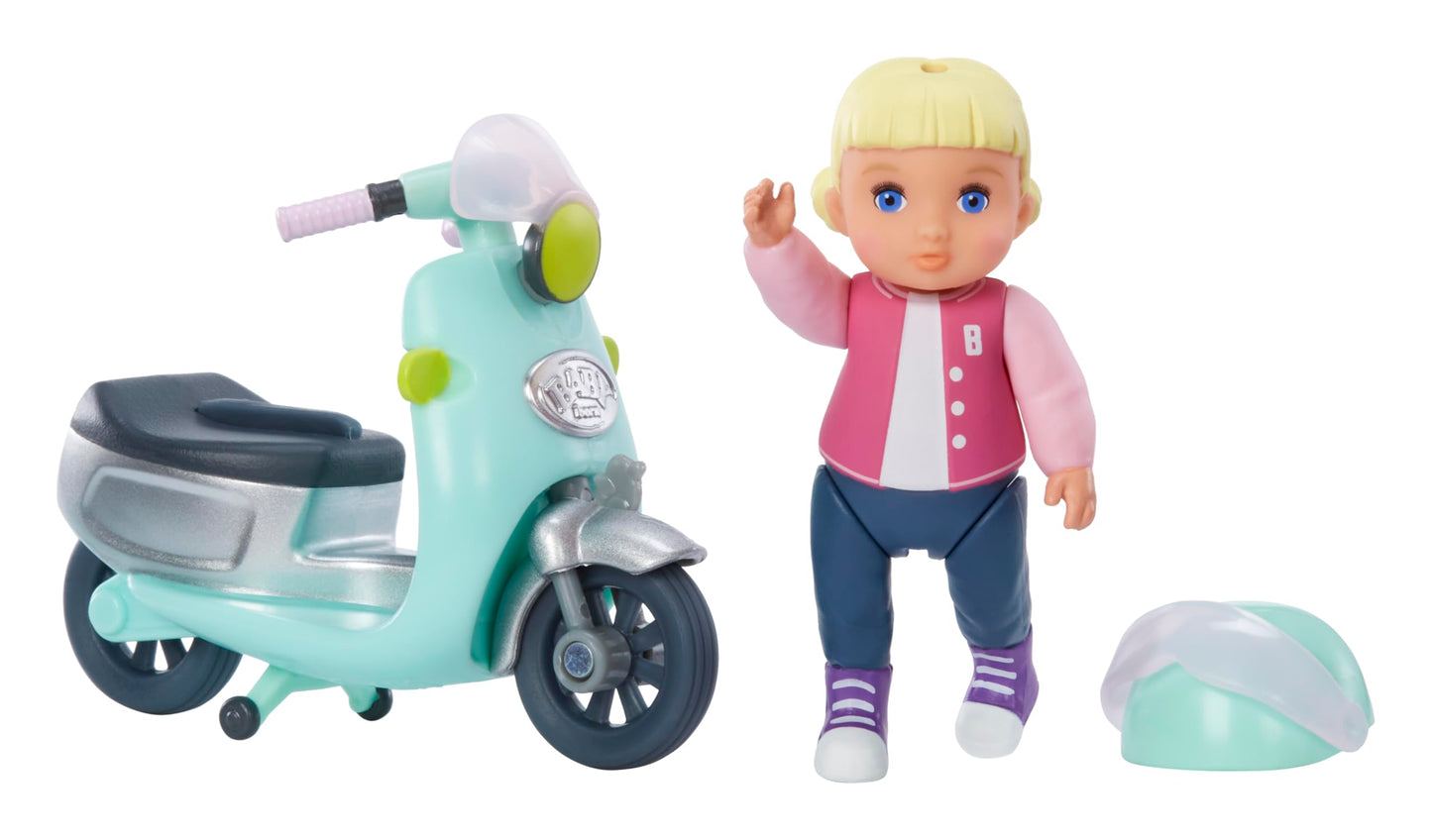 Baby Born MINIS Playset - Light Skin Tone Doll with Blue Eyes, Scooter & Helmet Accessory, Includes Reusable Carrying Case for On-The-Go Playtime