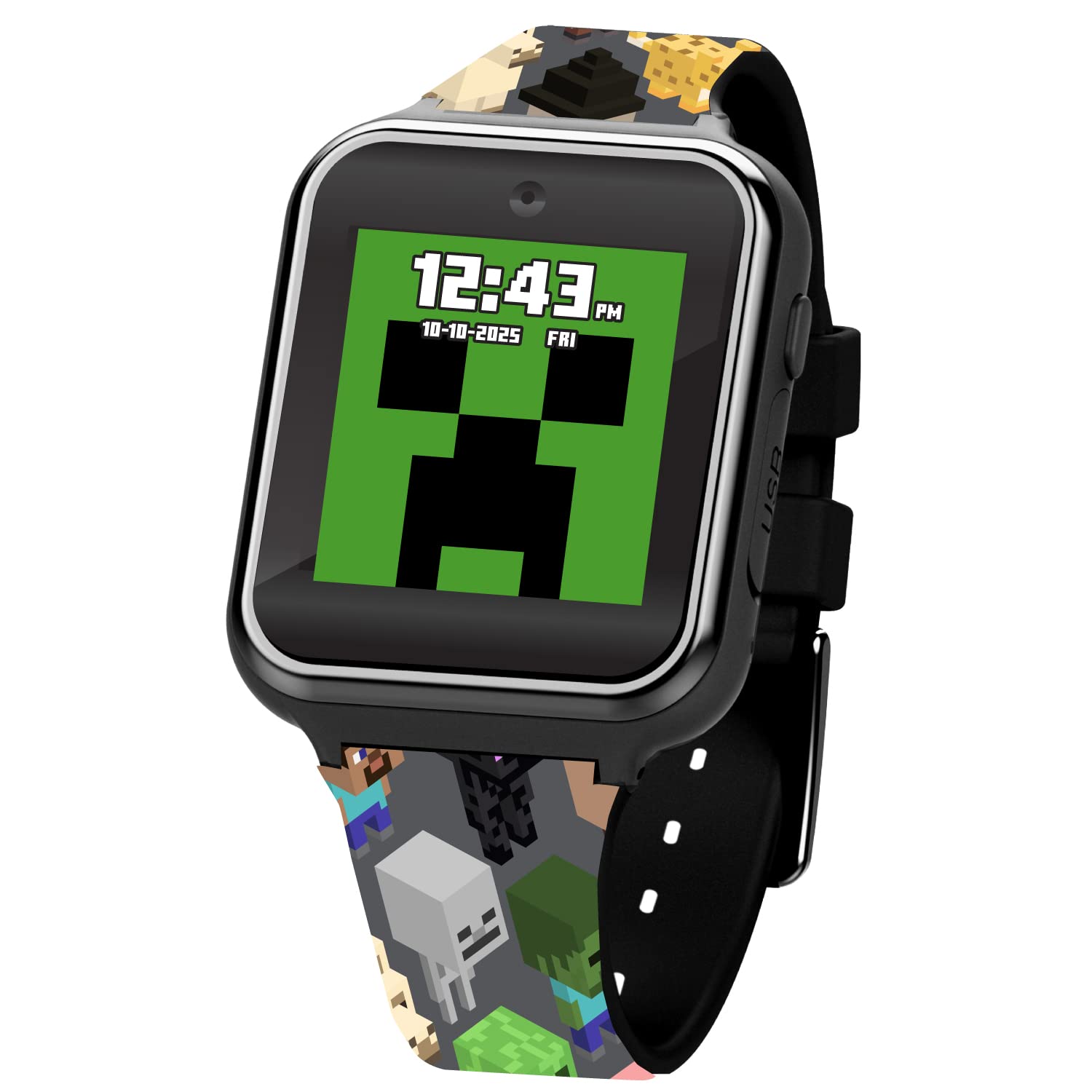 Minecraft Kids LED Smartwatch Interactive Gaming-Themed Watch 10 Changeable Faces, Step Counter, Calculator, Games, Selfie Cam, Alarm & Timer, Printed