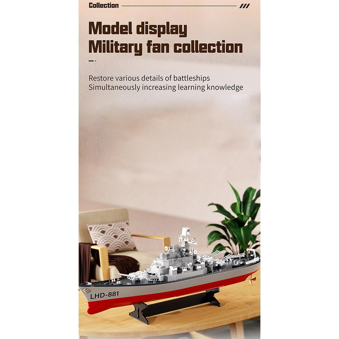 MakerTopia LHD-881 Remote Control Boat, 2.4G RC Electric High Frequency Twin-Engine Battleship Model RC Boat, RC Watercraft Model Electric Water